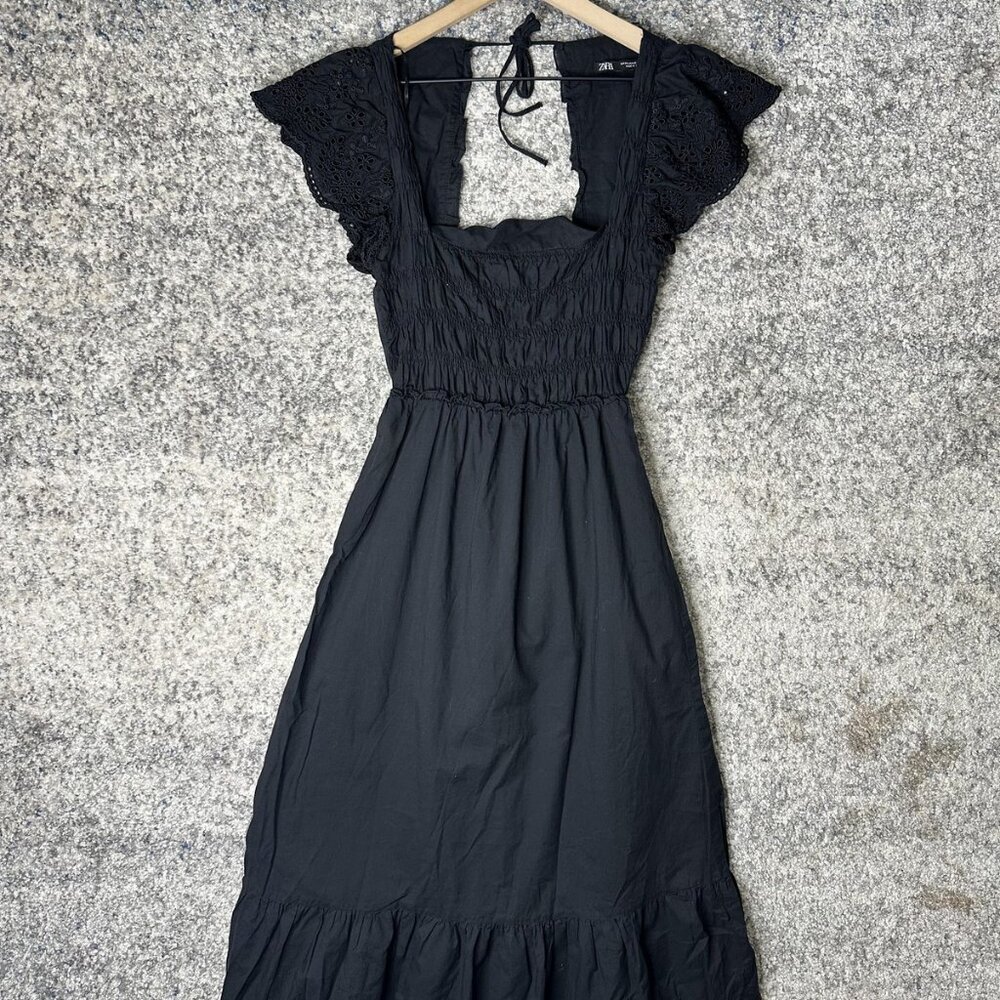 Zara Midi‎ Dress Womens XS Black Smocked Bodice Eyelet Flutter Sleeve Open Back